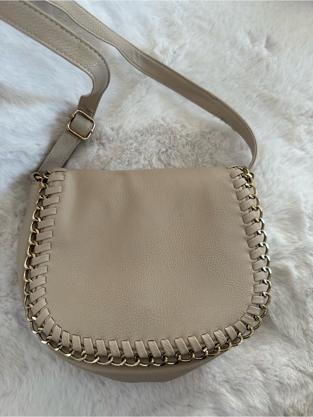 Charlotte Russe Beige Crossbody Saddle Bag with Gold Chain Trim